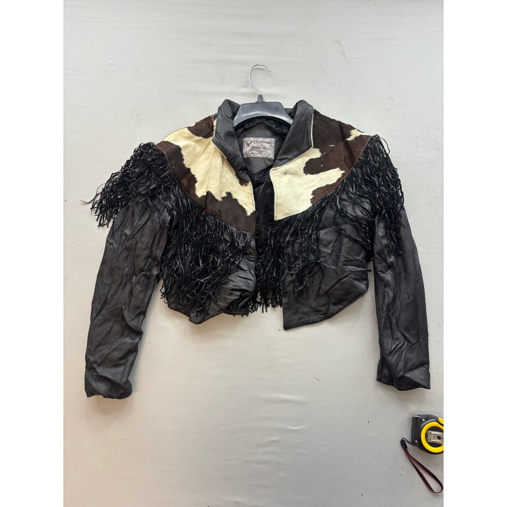 Continental Leather Fashions Vintage Western Cowhide Fringe Cropped Jacket USA
